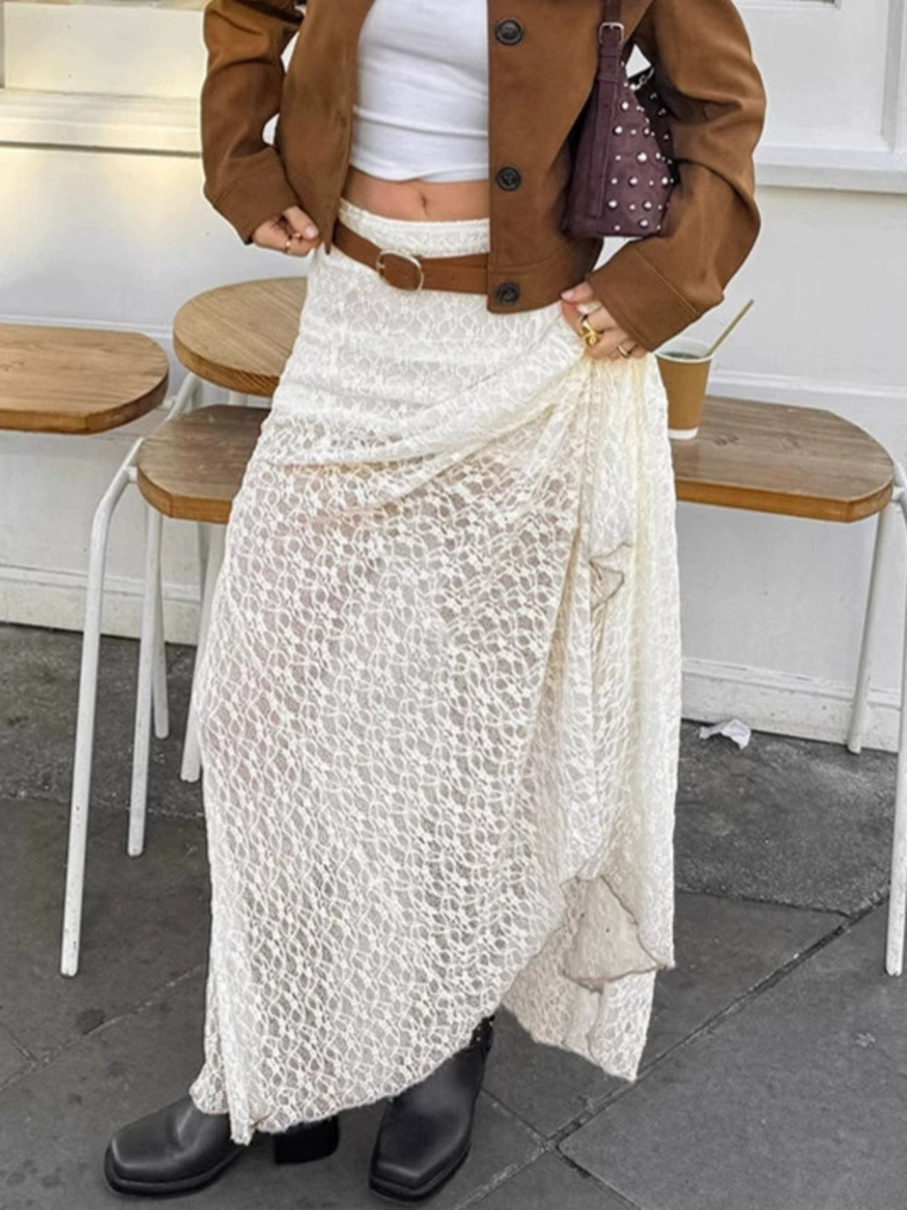 Forever 21 Apricot Lace High Waist Flared Long Skirt Fall